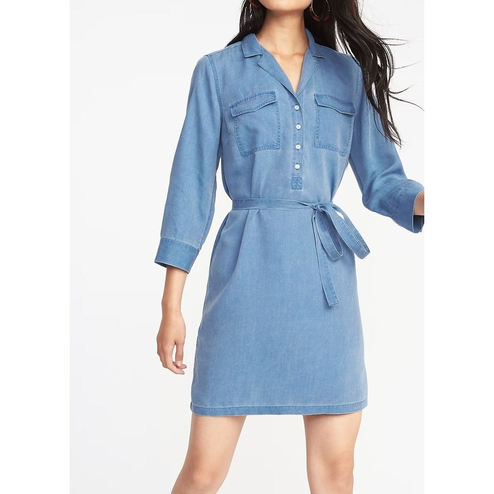 Old Navy Women's 3/4 Sleeve Utility Tie Belt Shirt Dress - Denim - Blue - Sz S